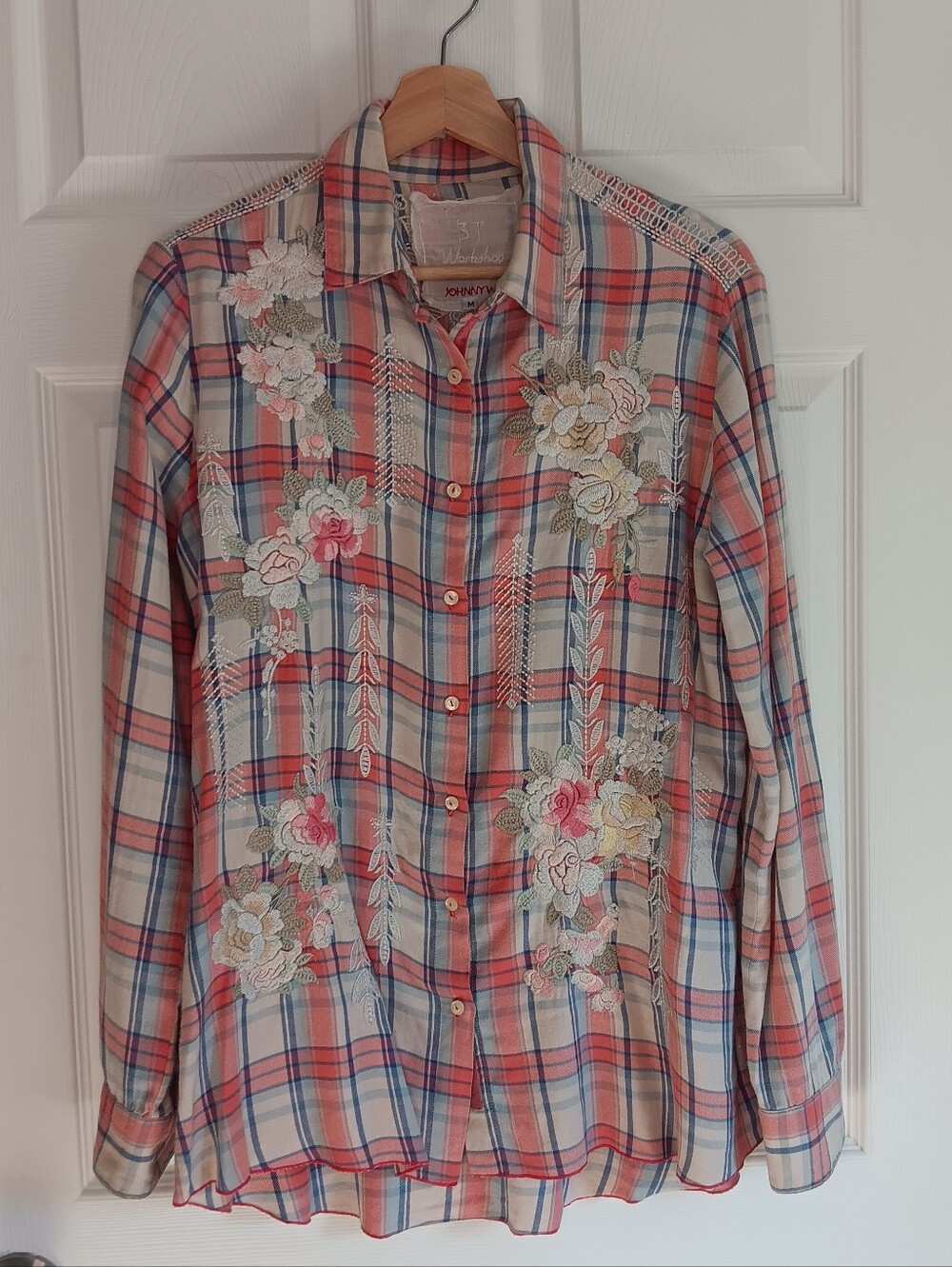 Women's Johnny Was Feminine Folk Boho Embroidered Flannel Top